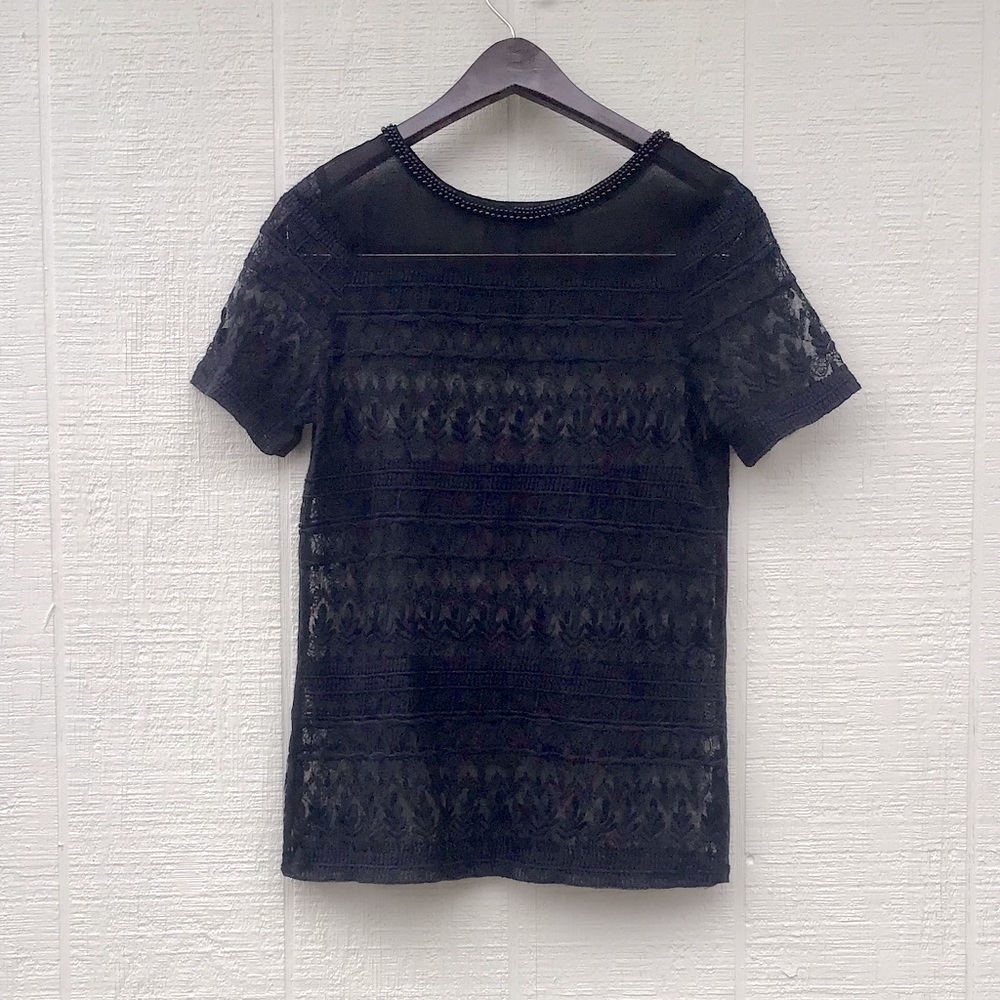 Zara black embroidered lace sheer beaded neck top